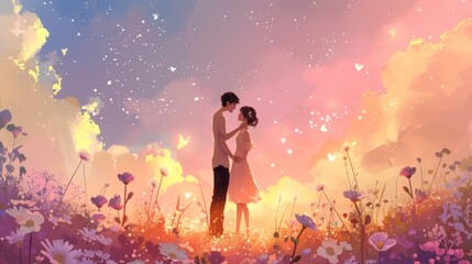 Obraz premium Couple in love, romantic sunset, flower field, dreamy illustration.