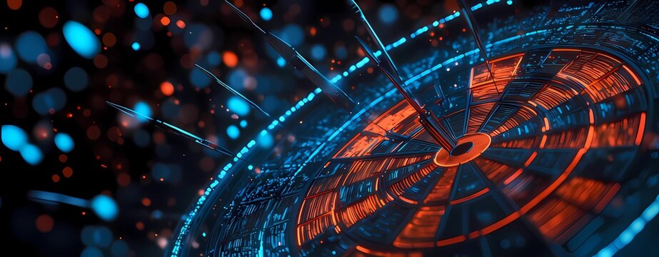 A close-up view of a futuristic dartboard surrounded by digital particles, symbolizing precision and focus in gaming or data analysis.