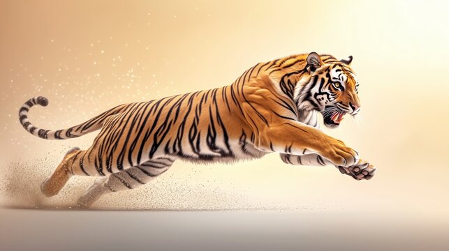A majestic tiger jumping, isolated on a bright background. The natural sunlight 