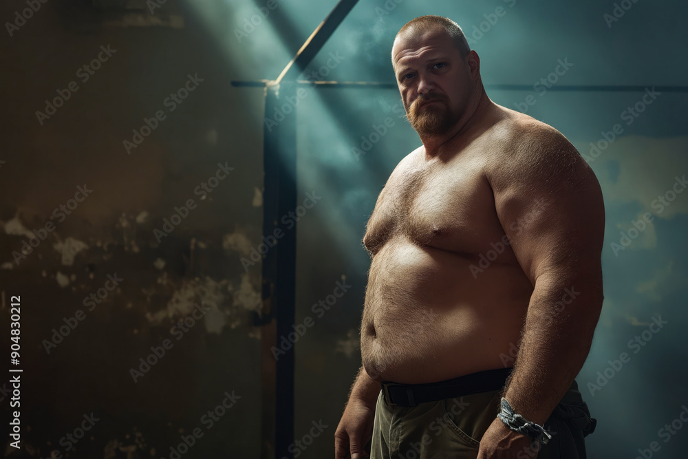 Poster a man with a beard standing in a dark room.