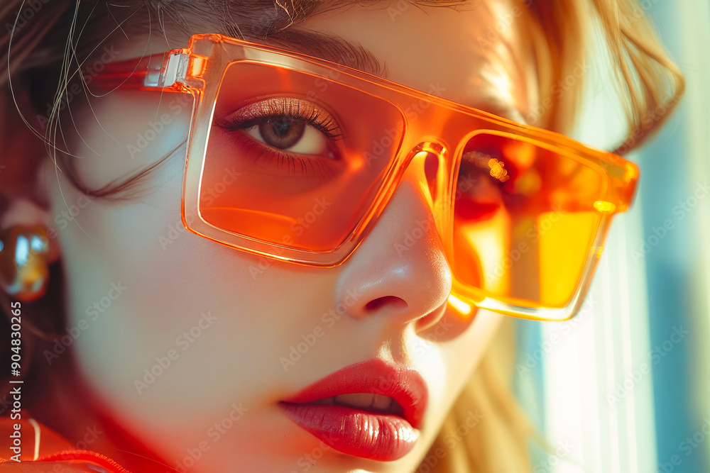 Poster A woman wearing a pair of orange sunglasses.