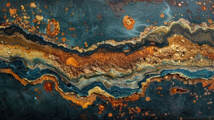 A painting of a rocky landscape with a blue and gold color scheme