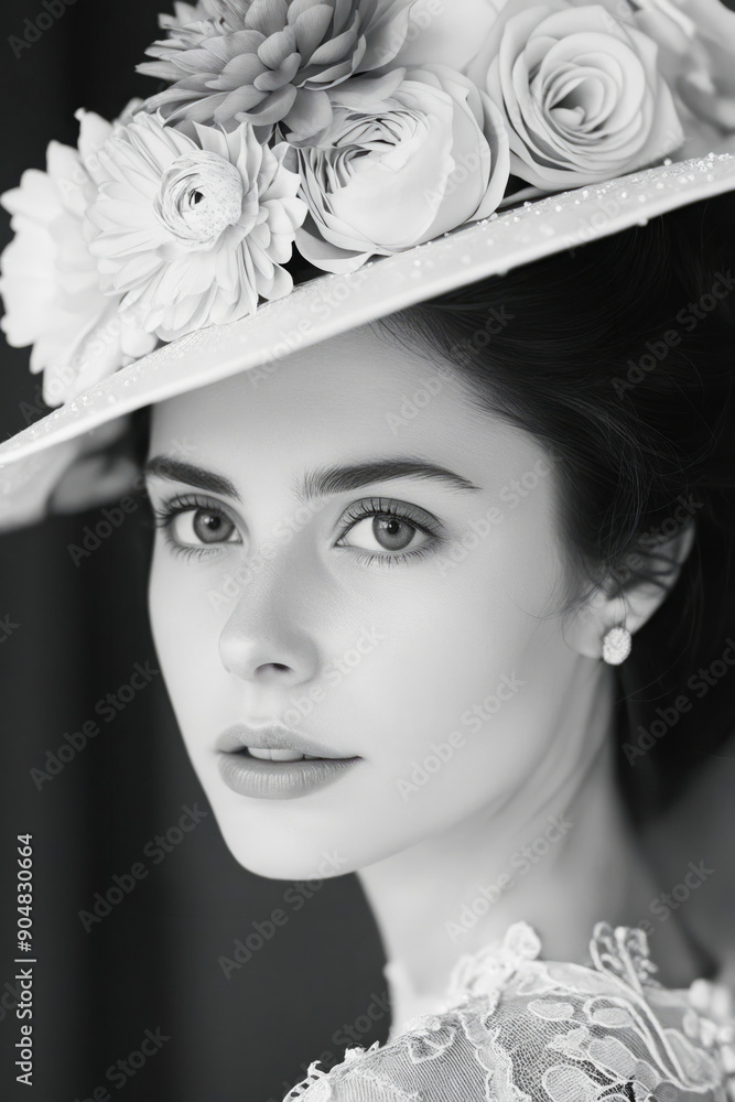 Sticker A woman wearing a white hat with flowers on it.