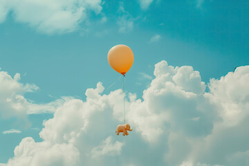 A toy elephant flying in a balloon