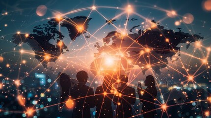 Obraz premium Global Network Connection, Silhouette, World Map, Bokeh, Digital ,network , connection