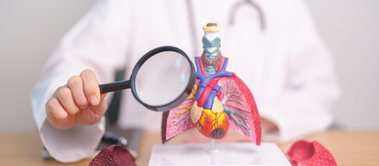 Doctor with Smoker Lung anatomy with magnifying glass. Lung Cancer, Asthma, Chronic Obstructive...