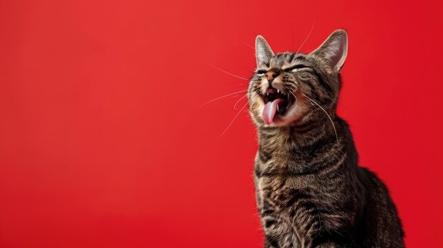 Cat on red background shaking head in disgust with tongue out empty space for text