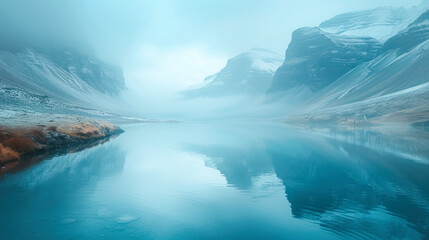 Fototapeta premium Calm Lake with Blue Sky and Clouds: Scenic View