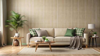 Elegant interior design with beige sofa, coffee table, vase, green plaid, and books amidst a minimalist beige wall backdrop, offering ample copy space for text overlays.