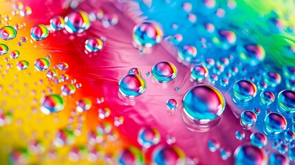 A colorful background with many small, round water droplets scattered throughout. The droplets are of various sizes and colors, creating a visually interesting and dynamic scene