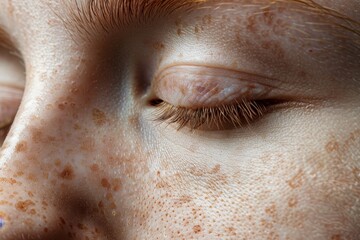 A detailed, close-up view of a womans face showcasing her freckles, Fine pores scattered evenly across the skin