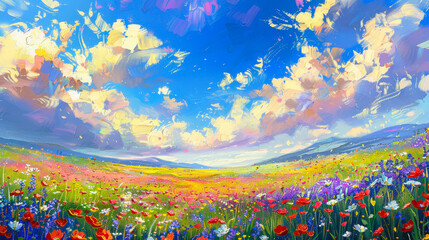 Vibrant Landscape Painting of Colorful Flower Field Under Majestic Clouds in Daylight, Capturing Serenity and Natural Beauty, Ideal for Nature and Art Seekers
