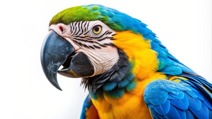 Vibrant blue and yellow parrot with brightly colored feathers and curved beak perched on a white background, showcasing its unique plumage and playful expression.