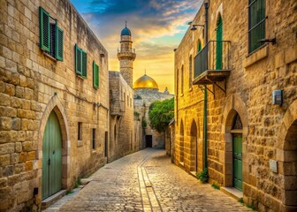 Obraz premium Ancient stone walls and worn cobblestone streets intersect in a serene, golden-lit Israeli old cityscape with a iconic, historic mosque in the distance.