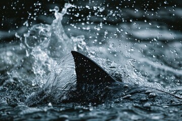 Fototapeta premium A shark with fins cutting through the water, creating splashes, Fins cutting through the water with precision