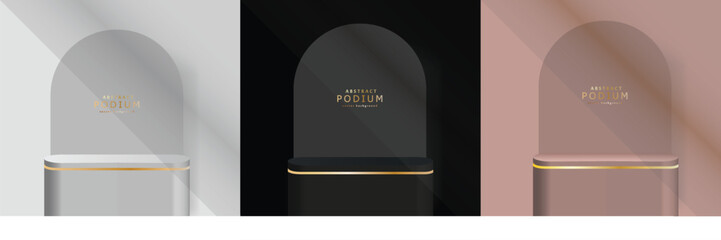 Set of 3D background with stand podium. Black, gold, silver, pink gold with luxury arch shape scene. Abstract minimal wall scene for mockup products display. Vector round stage Showcase. Black friday.