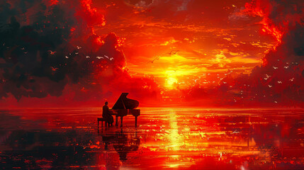 Fototapeta premium Man Playing Piano Surrounded by Birds on the Beach at Sunset, Digital Art Illustration, Serene and Inspirational Scene
