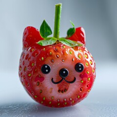 Cute strawberry with face, leaves, and a tiny stem on a light blue background. Whimsical and adorable fruit art for creative projects.