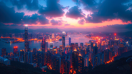 Fototapeta premium Cityscape at Dawn with Purple Sky: Urban Morning Scene