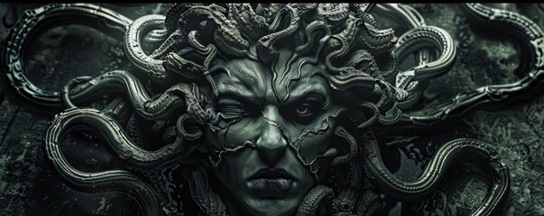 Medusa's Gaze A Monochromatic Portrait of the Gorgon, Digital Art, Dark Fantasy, Gorgon, Medusa, Mythology, Portrait