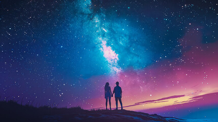 Young Couple Holding Hands Under Milky Way Galaxy Night Sky, Romantic Starry Landscape, Digital Illustration Painting, Love and Adventure Amidst Stars, Dreamy Cosmic Scene