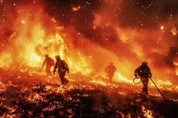 Firefighters moving through flames and smoke during a fire incident, Firefighters battling against the raging inferno