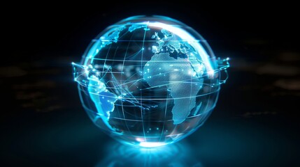 Obraz premium Futuristic global network concept with glowing blue planet Earth and digital connections on a dark background.