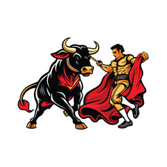 A matador with a red cape is facing a black bull. The matador is trying to distract the bull with the cape while holding a sword in his other hand.