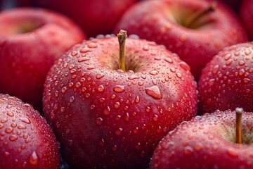 Vibrant Red Apples with Fresh Water Sprinkles: Close-up Shot of Lush, Juicy Apples