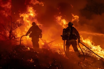 Two firefighters with helmets and gear battling a large fire at night, Firefighters battling against the raging inferno