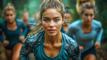 Fototapeta premium Group of Women Running in the Forest Promoting Fitness and Exercise Synergy with Ketogenic Diet During Daytime