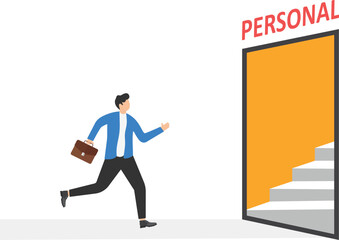 a man in a business suit enters the door on a smartphone screen, entering his work area, business phone application
