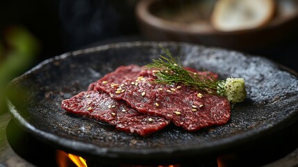 Grilled premium Japanese beef from cattle fed on grass, cooked over hot coals for a unique smoky flavor.