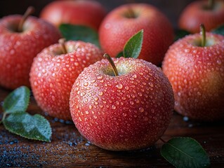 Vibrant Red Apples with Fresh Water Sprinkles: Close-up Shot of Lush, Juicy Apples