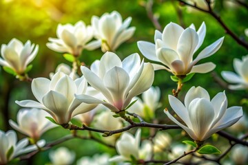 Vibrant white magnolia blooms majestically against a lush backdrop of dark green foliage on a serene spring day, exuding elegance and seasonal charm.