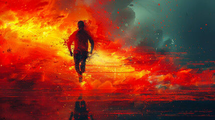 Naklejka premium Dynamic Motion Digital Art: Man Running Amidst Fiery Explosions, Back View, Illustration Painting in Vivid Colors, Surreal Concept of Speed, Energy, and Determination in a Futuristic Setting