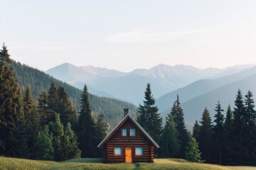 A cozy cabin nestled in a lush green landscape, surrounded by towering mountains and serene forest. Nature's tranquility awaits.