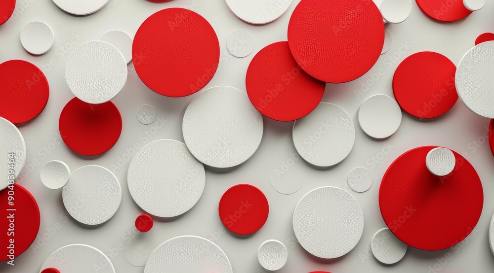 Poster red and white circular shapes come together to create a dynamic, modern abstract pattern that truly 