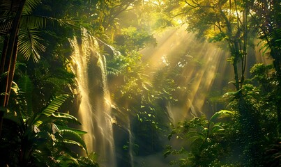 Golden Waterfall in the Jungle Sunlight