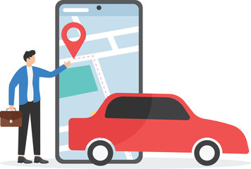 a map of the city on a large smartphone and the location icon to which the car is traveling, GPS navigation and geolocation
