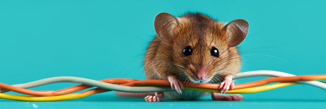 photo a mouse chewing on wires against a light blue background, adding a playful touch.
