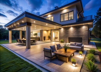 At night, the exterior of the luxury home looks stunning. It boasts a brand new house with a spacious yard, an outdoor covered patio that includes a kitchen area, and captivating interior lights that