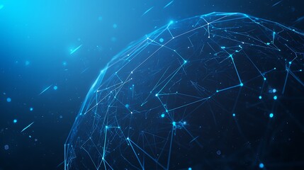 Abstract digital globe with glowing lines and points on dark blue background.
