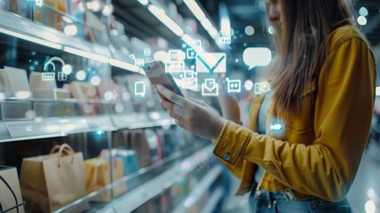 Woman Browsing Online While Shopping in Store, Phone, Social Media, Retail, Shopping
