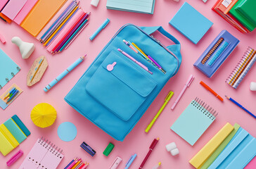 Back to school concept with colorful stationery and backpack on a pink background, laid flat. A top view of books, pens, pencils, markers and other school supplies in an open blue bag isolated on a pa