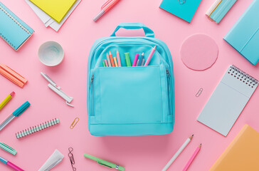 Back to school concept with colorful stationery and backpack on a pink background, laid flat. A top view of books, pens, pencils, markers and other school supplies in an open blue bag isolated on a pa