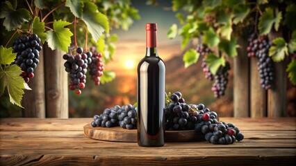 Elegant bottle of red wine with customizable label template on a rustic wooden table, surrounded by grapes and vines, perfect for wine branding and advertising.