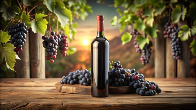 Elegant bottle of red wine with customizable label template on a rustic wooden table, surrounded by grapes and vines, perfect for wine branding and advertising.