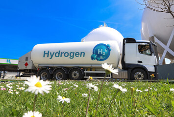 Hydrogen storage sphere and truck. Transportation of hydrogen fuel tanks.