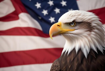 A bald eagle with a fierce expression perched in front of an American flag, symbolizing American patriotism and national pride